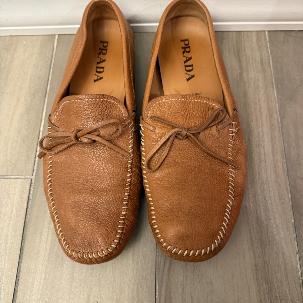 Prada Brown Leather Loafers with Moccasin Stitching